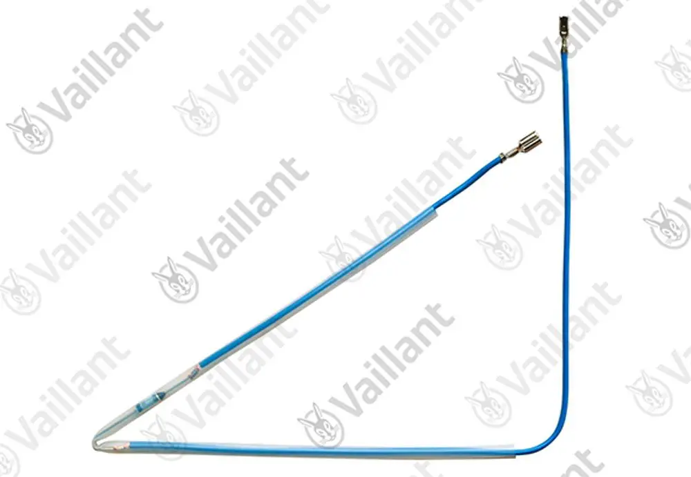 Blaues Kabel mit Anschluss und Schutzüberzug, vermutlich für elektrische Verbindungen, präsentiert von Vaillant.